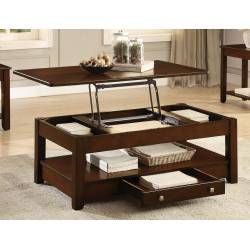 Ballwin Cocktail Table with Lift Top and Functional Drawer on Casters - Deep Cherry